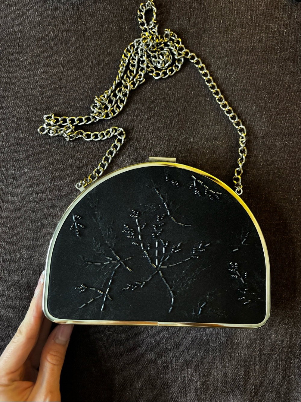 A New Day - Black/Midnight Blue Beaded Half-Moon Velvet Chain Shoulder Bag